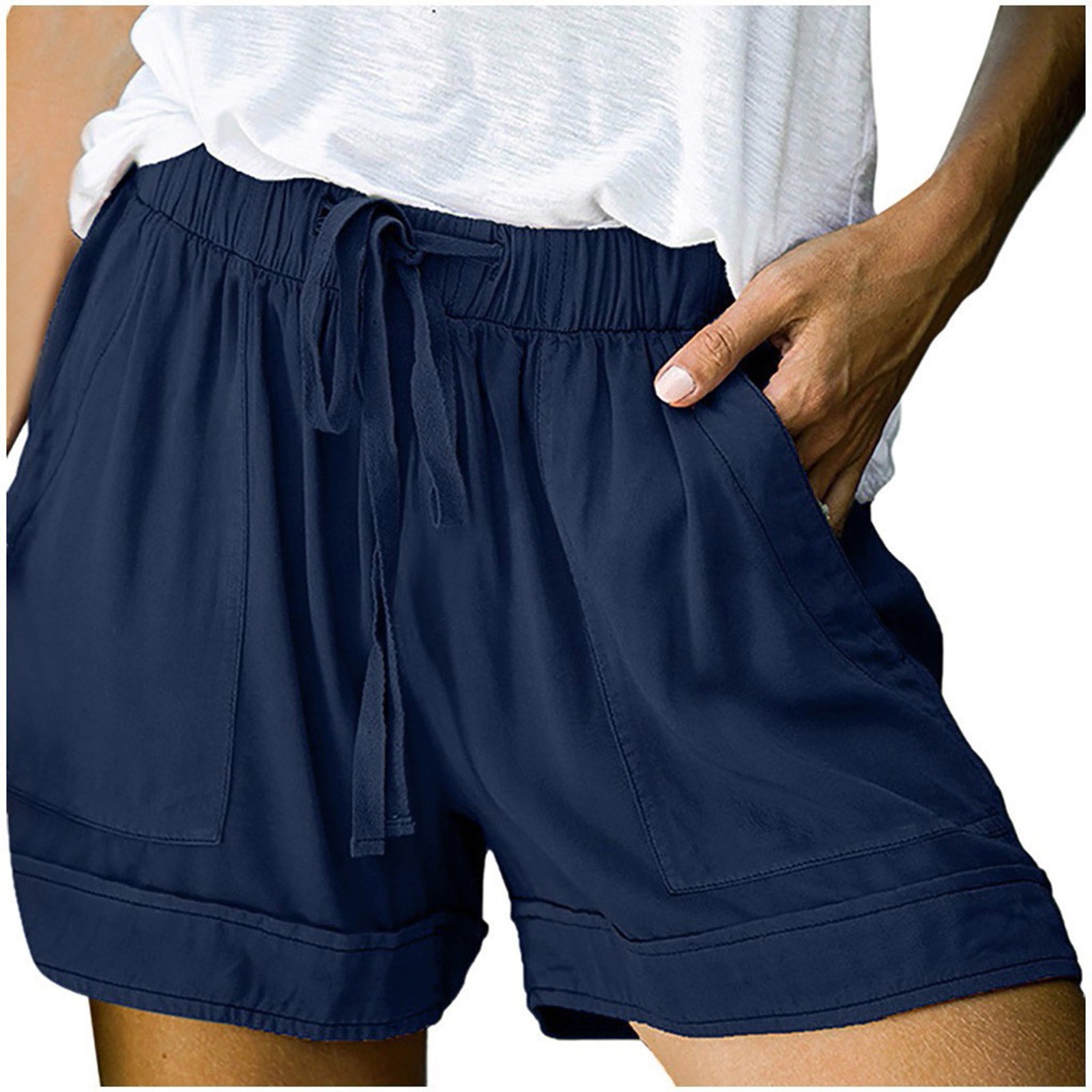 thumbnail image 2 of Pantalones cortos cómodos con cordón y cintura elástica para mujer - Pantalones holgados de color liso con bolsillos - Ropa informal de verano de poliéster, 2 of 8
